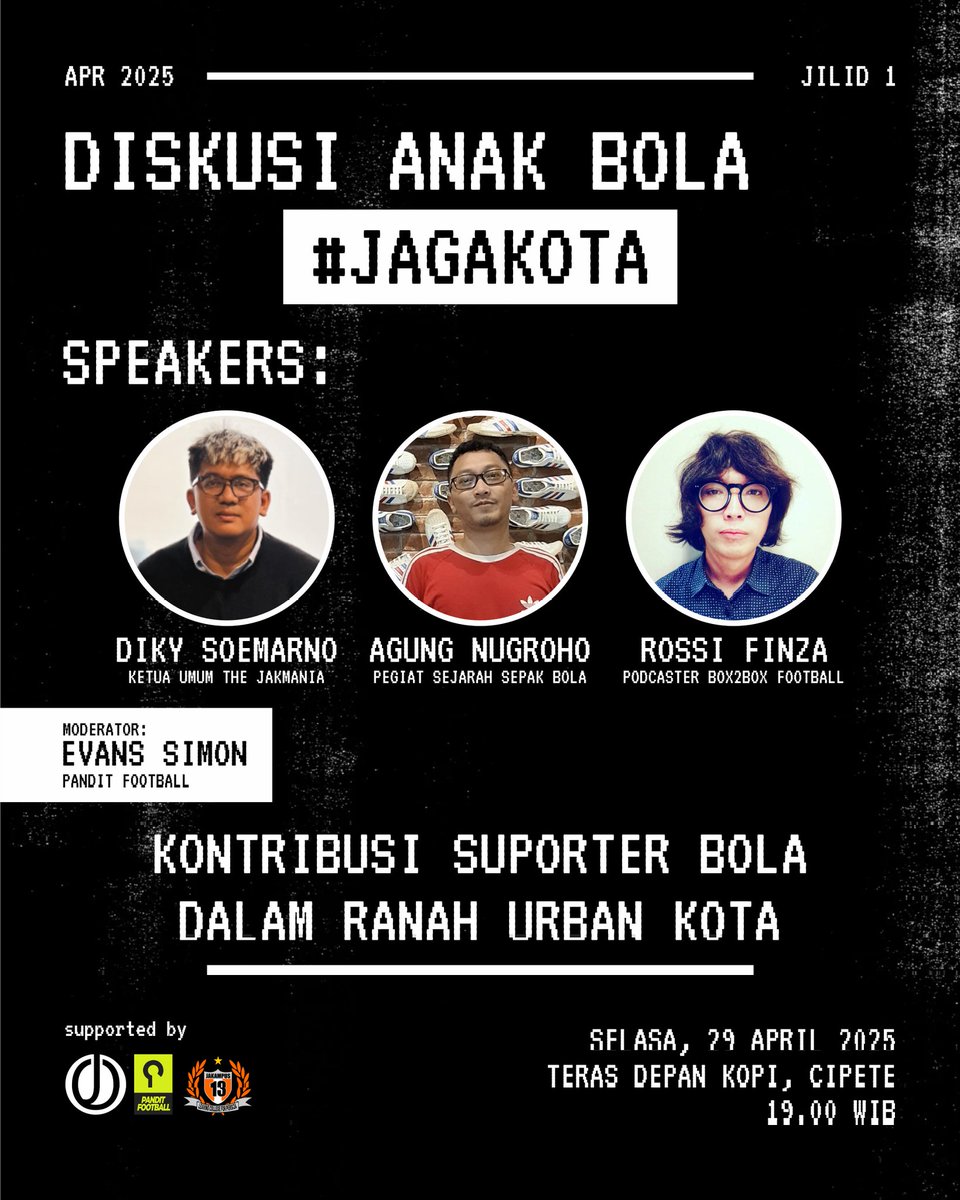 JakOnline's tweet image. Bola⚽️. Warga👥. Kota🌇.

Pulang kerja, kita #JagaKota dulu bareng @DikySoemarno @Rossifinza @AbidinSide di Cipete, Selasa depan.

Start jam 19.00 WIB. Jangan sampai terlewat.

Acara gratis. Ajak temanmu. Semakin ramai, semakin hangat!
