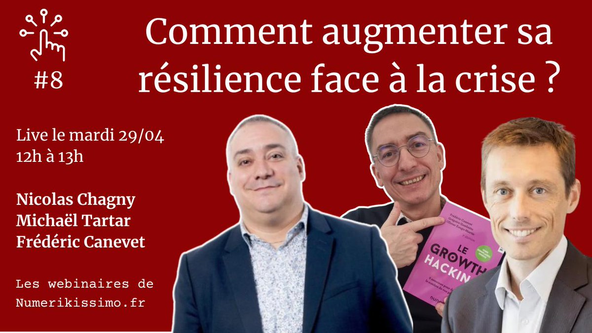 Numerikissimo (@numerikissimo) on Twitter photo Comment augmenter sa résilience face à la crise ❓
C'est le thème du webinaire #Numerikissimo de la semaine prochaine, avec Nicolas Chagny (NS Pulse), <a href="/michaeltartar/">Michaël Tartar</a> (#DIMMUP) et Fred Canevet !
Tous les détails ici. ▶️ tinyurl.com/42mmf62d
#Crise #Résilience Comment augmenter sa résilience face à la crise ❓
C'est le thème du webinaire #Numerikissimo de la semaine prochaine, avec Nicolas Chagny (NS Pulse), <a href="/michaeltartar/">Michaël Tartar</a> (#DIMMUP) et Fred Canevet !
Tous les détails ici. ▶️ tinyurl.com/42mmf62d
#Crise #Résilience