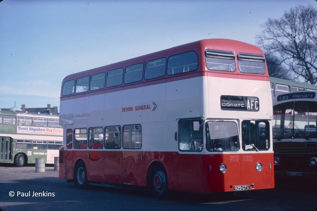 'Sea Dog' Leyland Atlantean 929 GTA 'Sir Richard Grenville' is seen at Newton Road depot in Torquay in April 1981. Its destination blind has been lowered, signifying that it's been converted for one man operation.
Picture credit: Paul Jenkins