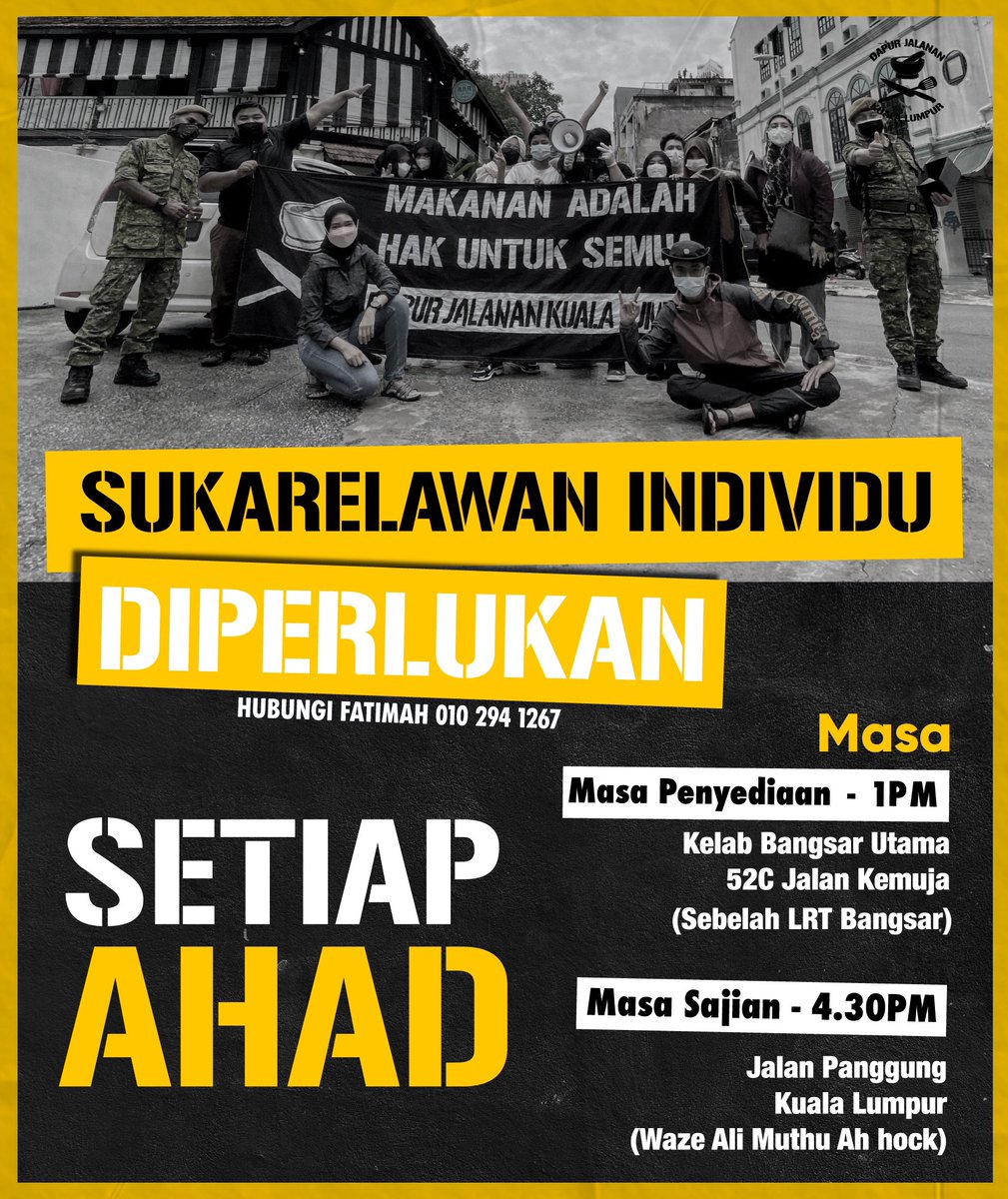 Salam 1Malaysia, <a href="/DapurJalanan/">🏴 Dapur Jalanan Kuala Lumpur 🏴</a> memerlukan lebih ramai sukarelawan besok! 

2pm memasak di Bangsar
4.30pm serving di Jalan Panggung
Jemput slide dm saya

Besok juga akan berlangsung mobile clinic oleh Bulan Sabit Merah Malaysia