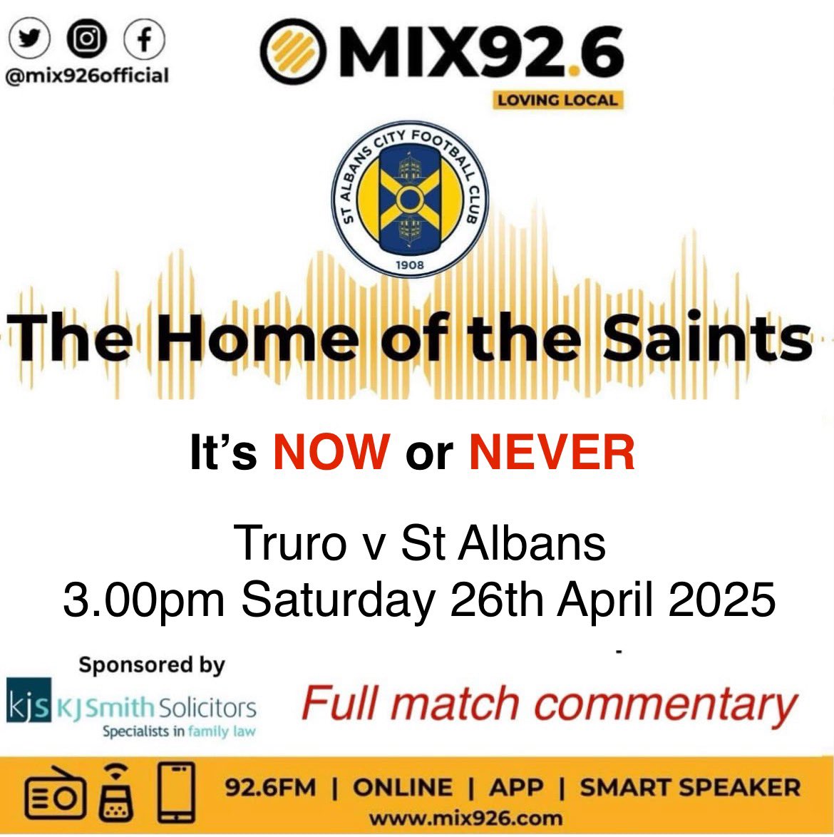 localsportsmix (@localsportsmix) on Twitter photo Massive day <a href="/stalbanscityfc/">St Albans City FC</a> šŖš» weāll be there bringing the action back to Hertfordshire
Build up 2pm
Live from <a href="/TCFC_Official/">Truro (C)ity FC</a> 2.55
<a href="/Mix926official/">Mix 92.6</a> 92.6FM
DAB š»
Online mix926.com
App <a href="/ukradioplayer/">UK Radioplayer</a> Mix92.6
Smartspeaker āAlexa play Mix Ninety Two Point Sixā
#COYS Massive day <a href="/stalbanscityfc/">St Albans City FC</a> šŖš» weāll be there bringing the action back to Hertfordshire
Build up 2pm
Live from <a href="/TCFC_Official/">Truro (C)ity FC</a> 2.55
<a href="/Mix926official/">Mix 92.6</a> 92.6FM
DAB š»
Online mix926.com
App <a href="/ukradioplayer/">UK Radioplayer</a> Mix92.6
Smartspeaker āAlexa play Mix Ninety Two Point Sixā
#COYS