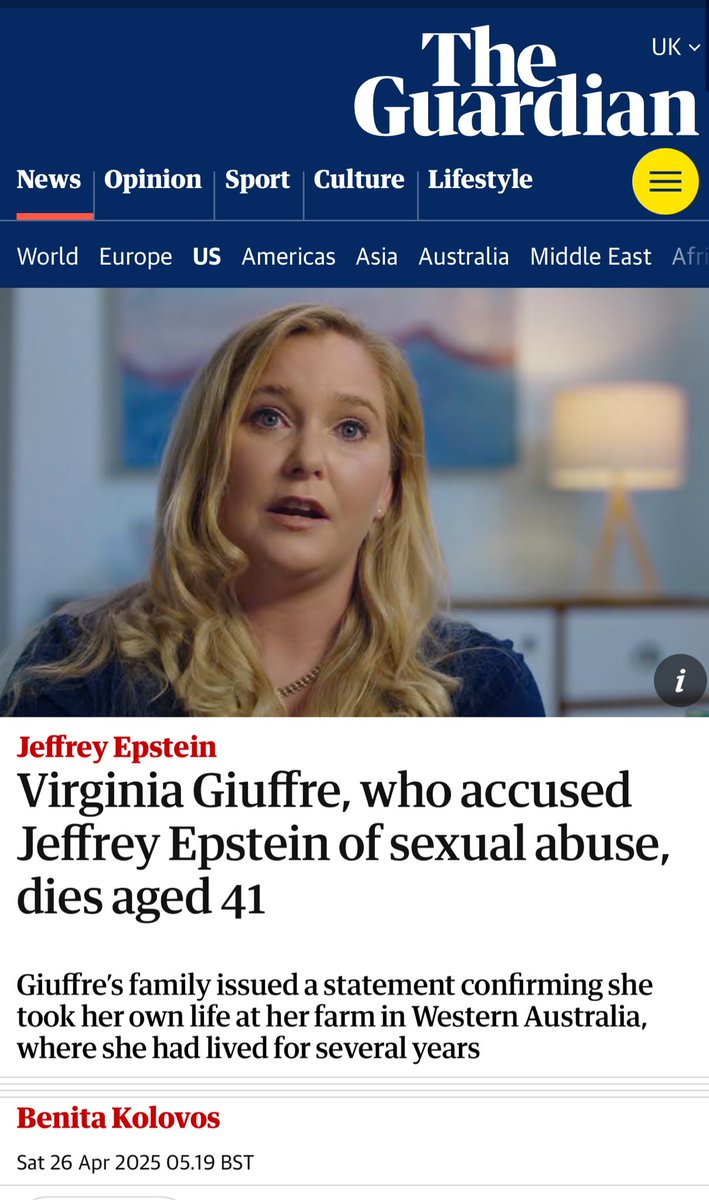 BGatesIsaPyscho's tweet photo. 🚨 “I was trafficked to Prince Andrew”

“I am in no way shape or form suicidal”

Jeffrey Epstein Island Survivor & Prince Andrew Accuser Virginia Guiffre has just reportedly committed suicide on her home farm in Western Australia - despite her own cryptic posts in the past claiming she’s not suicidal - see below from 2019.

Now the same judge has dismissed her case in which she claimed Sexual Abuse against Andrew & Epstein - by the same judge who ruled Donald Trump was guilty in his case against E.Jane Carroll.

Wow - do you see how this all works yet?