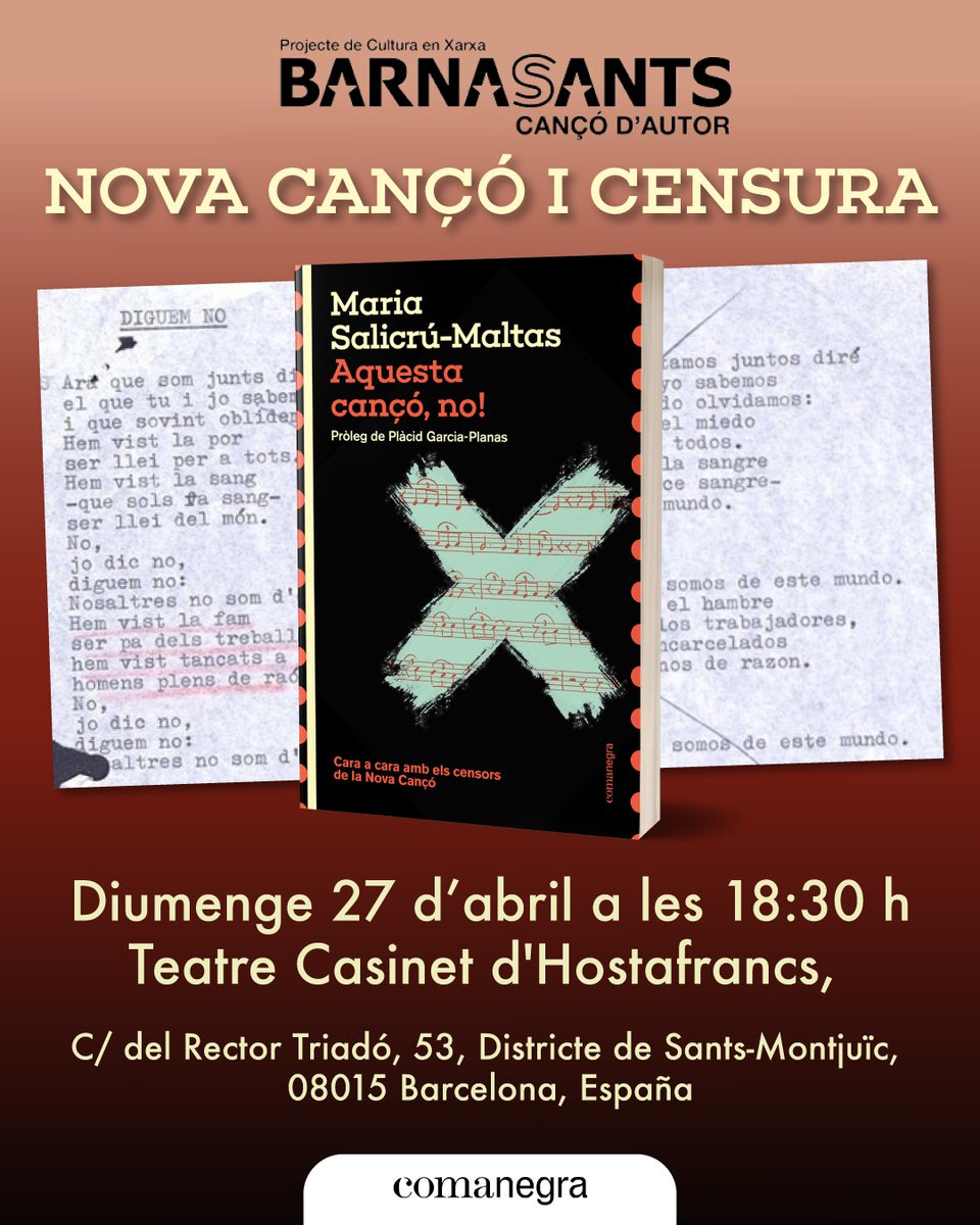 Comanegra's tweet photo. Demà posarem la cirereta a la petita revolució de Maria Salicrú-Maltas. El @barnasants acull un concert únic en què set artistassos recuperaran les cançons que el franquisme va enterrar. No les va enterrar prou fondo, ves per on. https://t.co/8pBykIW895