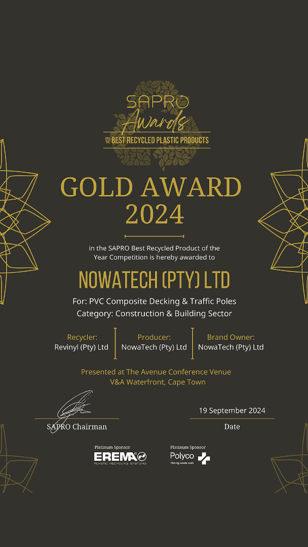 nowadeck's tweet image. If you think removing #plastic from the environment and converting it into gorgeous #deckingplanks with a 15-year guarantee is a great idea, you're not alone. SAPRO awarded us a gold medal in 2024 for #nowatech #pvccompositedecking. Visit nowatech.co.za to discover more.