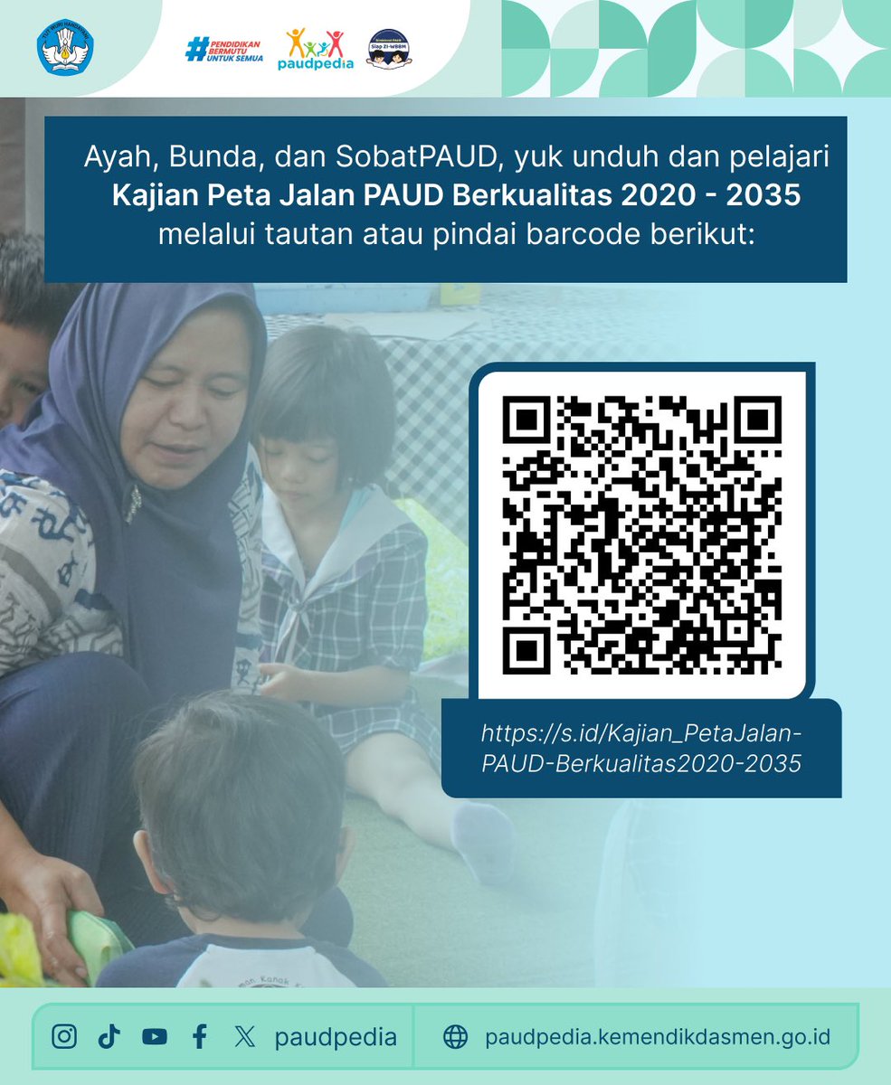 paudpedia's tweet photo. Silahkan Ayah, Bunda, dan SobatPAUD bisa mengunduh Kajian Peta Jalan PAUD Berkualitas 2020-2035 melalui tautan berikut ini:
Laman Paudpedia:
https://t.co/bC1v0y8MBk
Laman Pusat Standar dan Kebijakan Pendidikan:
https://t.co/GvhXrVu2ok
#paudpedia
#PaudBermutu https://t.co/wRLLF3D6l3
