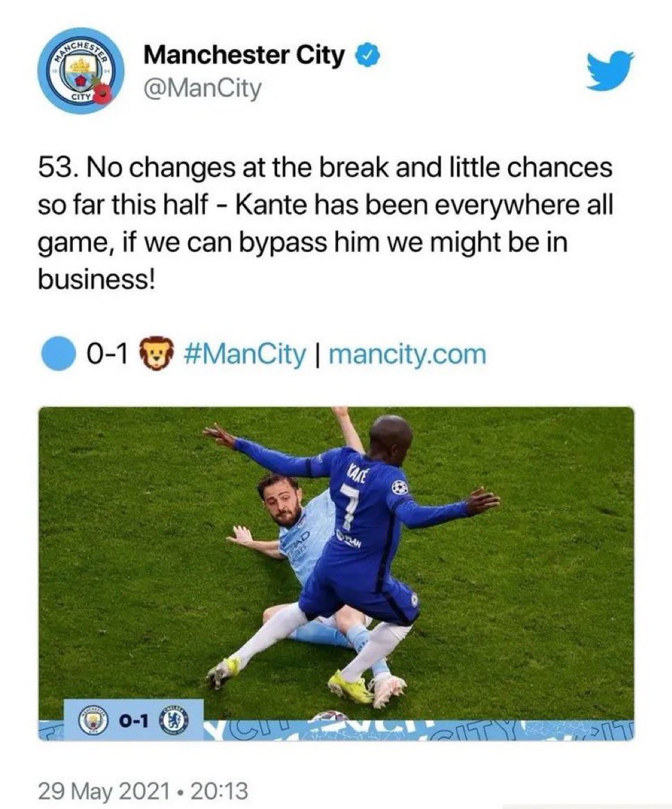 Alph__Utd's tweet photo. 3. Manchester City “Kante is everywhere” in the UCL final against Chelsea https://t.co/JuzjhlwRDQ