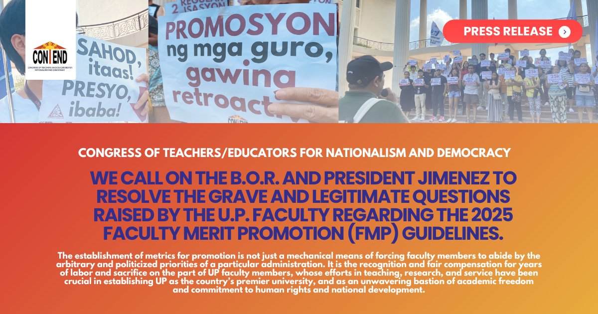 CONTEND ON THE 2025 FACULTY MERIT PROMOTION GUIDELINES
 
Read: facebook.com/photo/?fbid=11…

#MayoUno2025 
6 am - Assembly at Vinzons Hall
8 am - Program @ Liwasang Bonifacio
9 am - March to Mendiola
 
#PromosyonParaSaLahat
#FMPGawingRetroactive
#SahodItaas
#PresyoIbaba