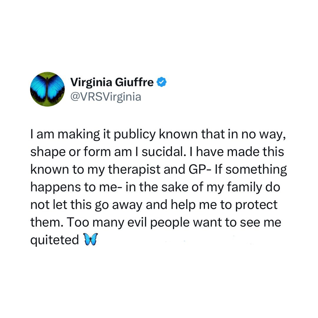 porktendencia's tweet image. "Virginia Giuffre":
Porque la mujer que acusó a Jeffrey Epstein de abuso sexual ha muerto por suicidio, a pesar de haber declarado anteriormente en Twitter que nunca lo haría.
