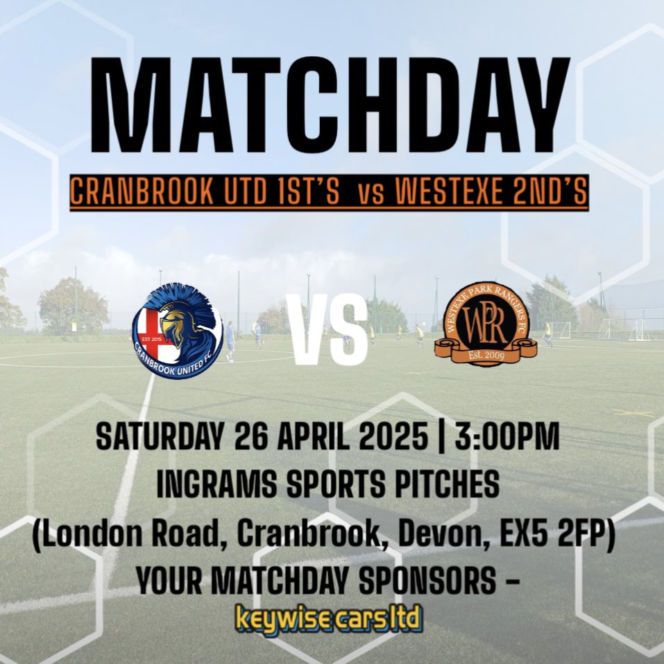 MATCHDAY! 

Two league games this afternoon for the lads…

The 1st’s;
🆚Central 1st’s (H)
🏟️The Rec
📅26/04/25
🕒3:00 KO 
🏆Division 1

The 2nd’s;
🆚Cranbrook Utd 1st’s (A)
🏟️Ingrams Sports Pitches
📅26/04/25
🕒3:00 KO
🏆Division 7