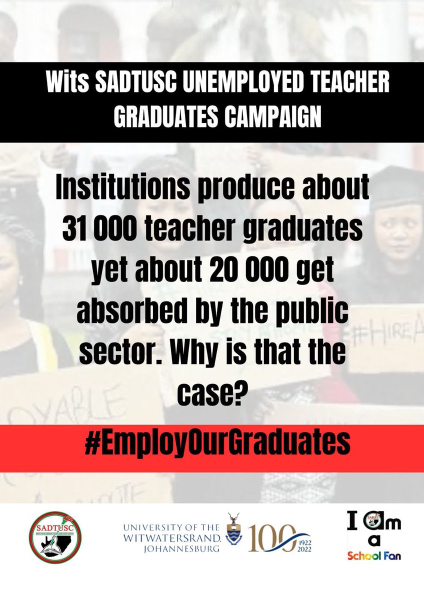 gpsadtusc's tweet image. The Wits SADTUSC has launched an unemployed graduate teacher campaign!
As South Africa faces a growing demand for teachers, it is crucial that we advocate for our future educators.
#EmployOurGraduates
