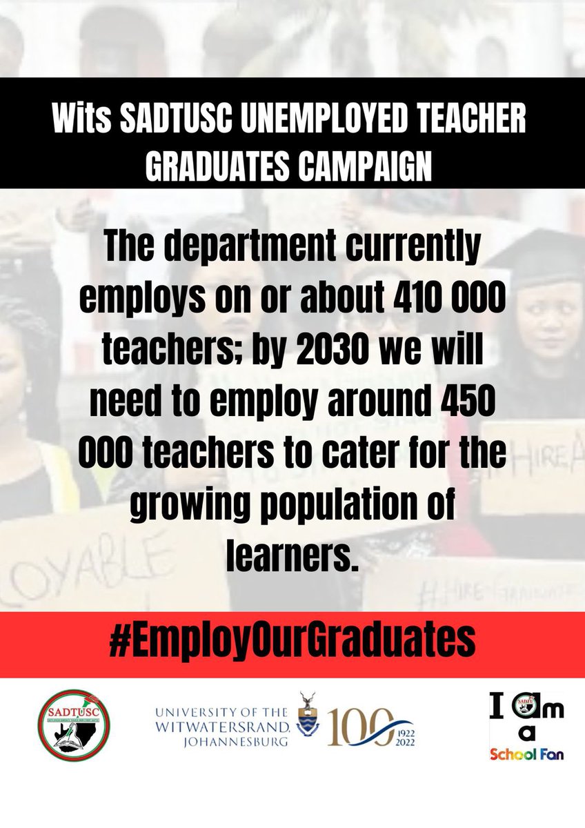 gpsadtusc's tweet image. The Wits SADTUSC has launched an unemployed graduate teacher campaign!
As South Africa faces a growing demand for teachers, it is crucial that we advocate for our future educators.
#EmployOurGraduates