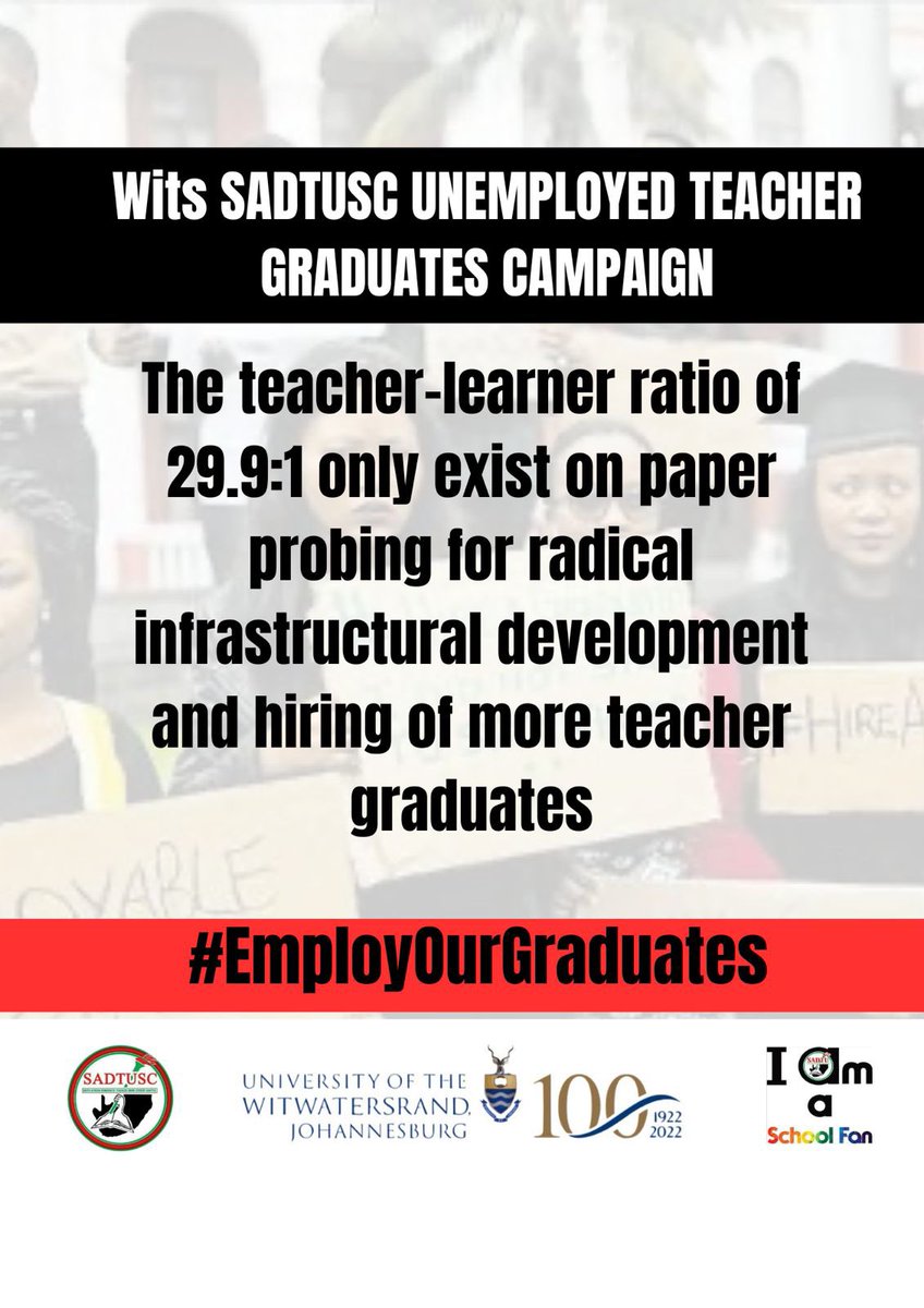 gpsadtusc's tweet image. The Wits SADTUSC has launched an unemployed graduate teacher campaign!
As South Africa faces a growing demand for teachers, it is crucial that we advocate for our future educators.
#EmployOurGraduates