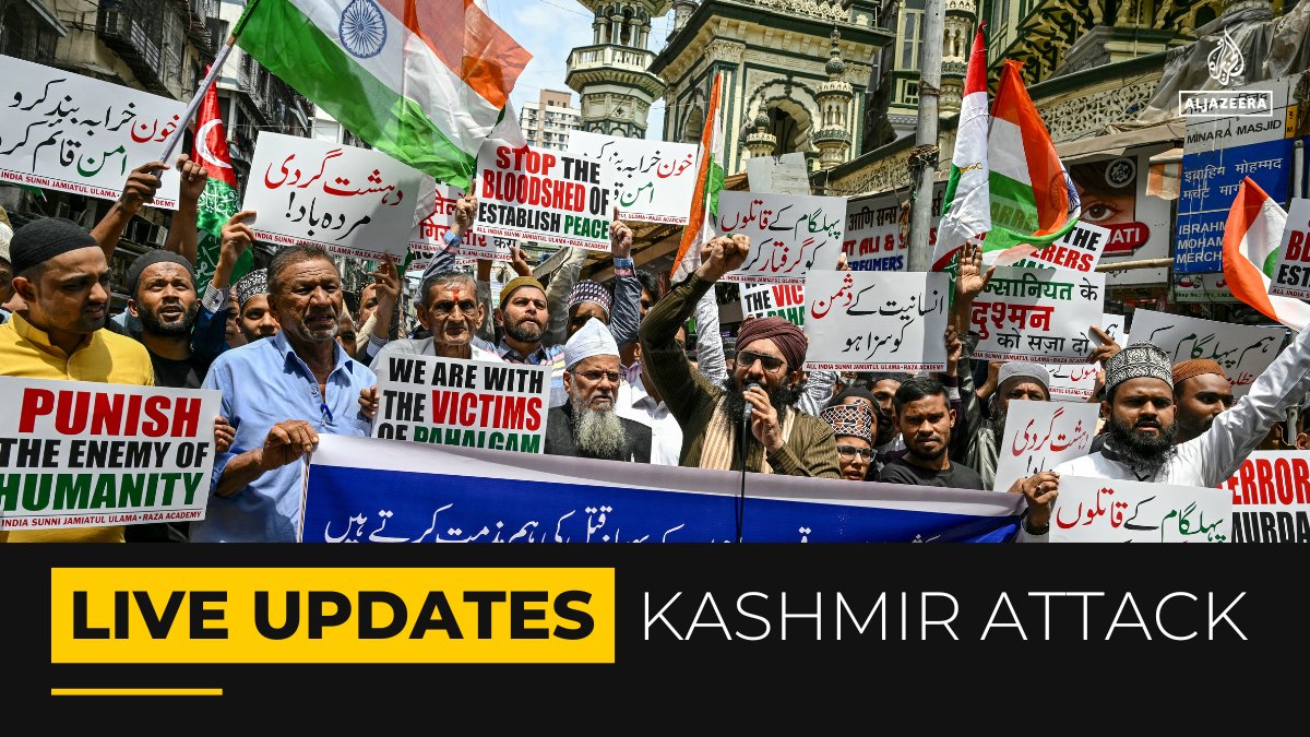 AJEnglish's tweet photo. Indian and Pakistani troops exchanged gunfire for a second straight day after gunmen killed 26 people in Indian-administered Kashmir’s Pahalgam, with India blaming Pakistan for the attack.

🟡 Follow our LIVE coverage: https://t.co/YUhPb260Jy https://t.co/vSoKsyB0lB