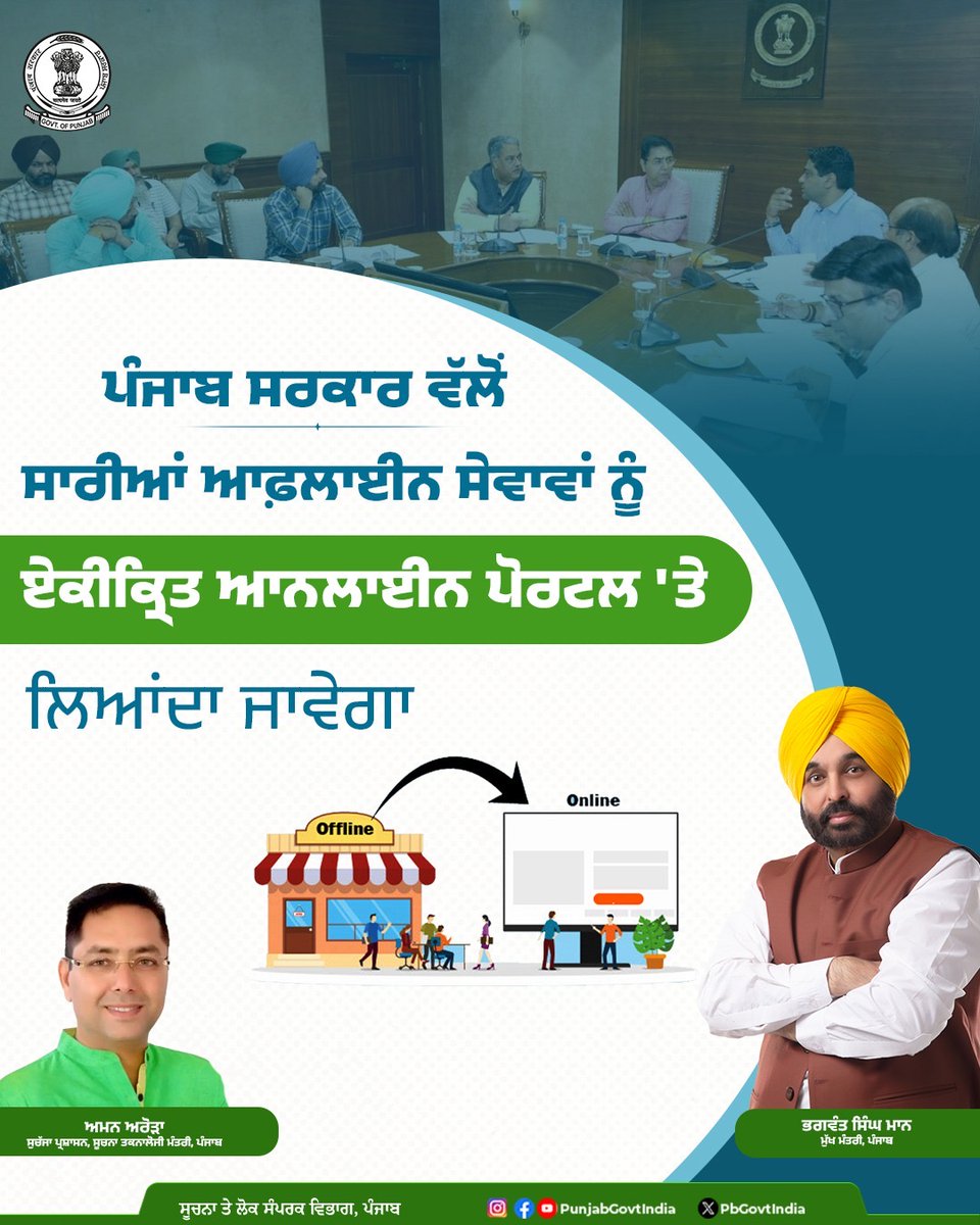 PbGovtIndia's tweet image. ਕੈਬਨਿਟ ਮੰਤਰੀ ਅਮਨ ਅਰੋੜਾ ਨੇ ਦੱਸਿਆ ਕਿ ਨਾਗਰਿਕ-ਕੇਂਦ੍ਰਿਤ ਸੇਵਾਵਾਂ ਦੀ ਪਾਰਦਰਸ਼ੀ ਢੰਗ ਨਾਲ ਕੁਸ਼ਲ ਅਤੇ ਨਿਰਵਿਘਨ ਡਿਲੀਵਰੀ ਨੂੰ ਯਕੀਨੀ ਬਣਾਉਣ ਦੀ ਦਿਸ਼ਾਂ ਵੱਲ ਅਹਿਮ ਕਦਮ ਚੁੱਕਦਿਆਂ ਪੰਜਾਬ ਸਰਕਾਰ ਨੇ ਵੱਖ-ਵੱਖ ਸਰਕਾਰੀ ਵਿਭਾਗਾਂ ਨਾਲ ਸੰਬੰਧਿਤ ਸਾਰੀਆਂ ਆਫ਼ਲਾਈਨ ਸੇਵਾਵਾਂ ਨੂੰ ਏਕੀਕ੍ਰਿਤ ਆਨਲਾਈਨ ਪੋਰਟਲ ਰਾਹੀਂ ਪ੍ਰਦਾਨ ਕਰਨ ਲਈ ਪ੍ਰਾਜੈਕਟ