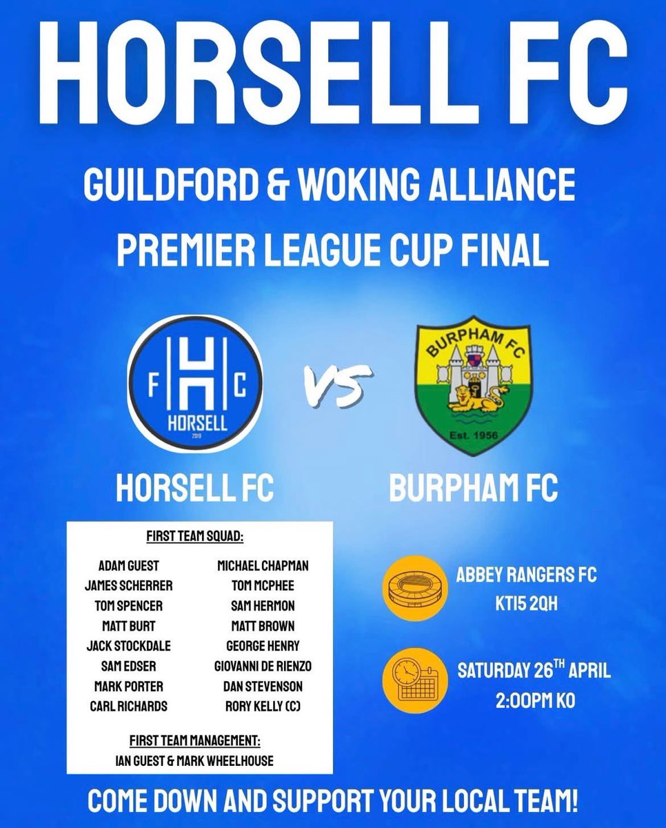 Horsell FC have made it to the Guildford &amp; Woking Alliance Premier League Cup final, which is being hosted at Abbey Rangers FC, this Saturday. 

Horsell Firsts vs Burpham Firsts 
Saturday 26th April, 2:00pm KO
@ Abbey Rangers FC (KT15 2QH)

Please come down to show your support!