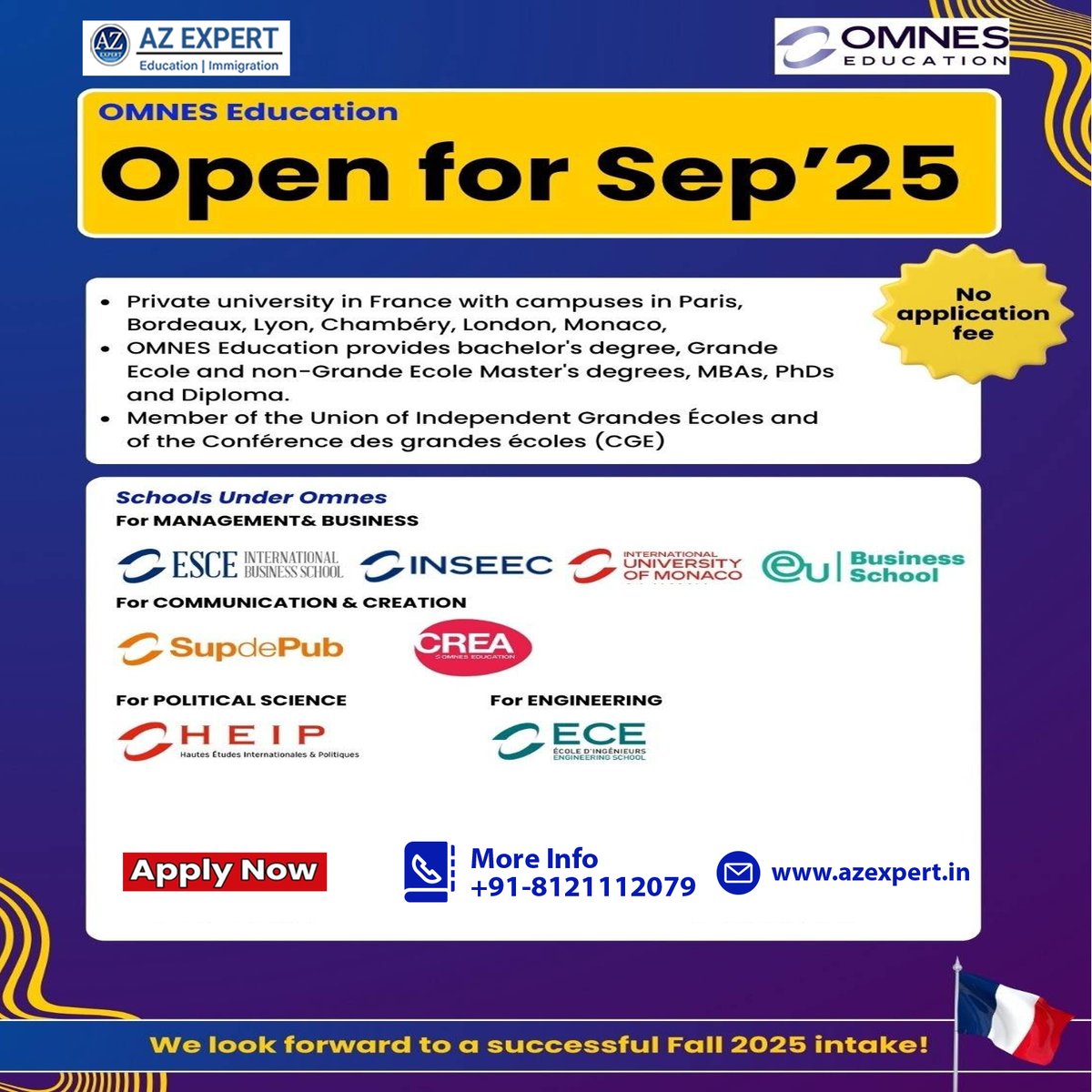 azexpertglobal's tweet photo. Admissions are now OPEN for September 2025 intake at OMNES #Education! 🚀
Start your global journey with AZ Expert! 🌍
📞 Call now: +91-8121112079
📍 Hyderabad
#StudyInFrance #September2025Intake #OmnesEducation #GlobalCareer #StudyAbroad #AZExpert #ParisCalling https://t.co/4FOSIPLuOq