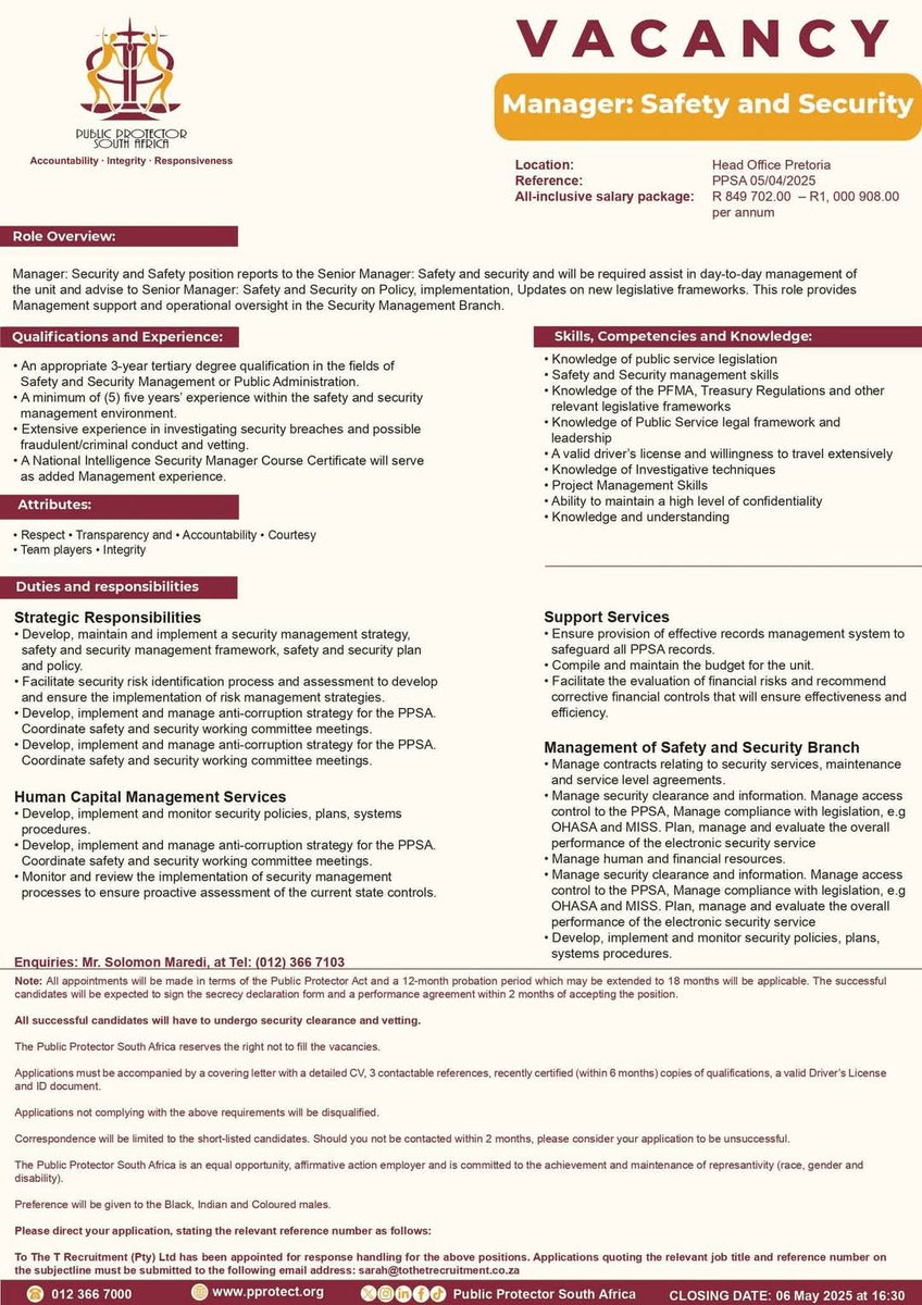 Legal Secretary 
Manager: Safety and Security

Public Protector South Africa 

06 May 2025