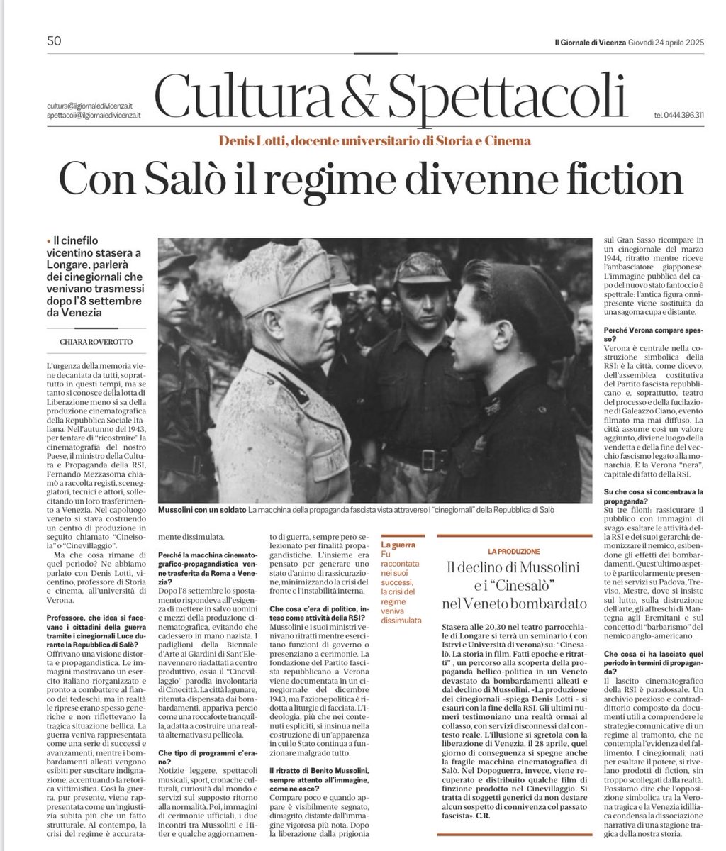⁦<a href="/GiornaleVicenza/">Il Giornale di Vicenza</a>⁩ ⁦<a href="/UniVerona/">Università di Verona</a>⁩ Una pezzo di storia intrisa di propaganda quella dei cinegiornali della Repubblica di Salò, ne parlo con Denis Lotti docente di Storia e Cinema all’Università di Verona .