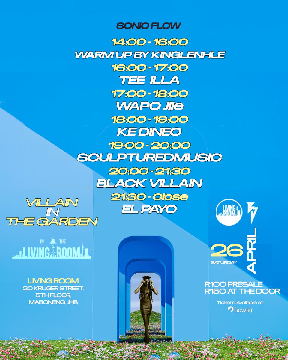It's #VillainInTheGarden🏙🌿🌱 Day... Presenting today's sonic flow. Come early for the sonic journey. Tickets available on Howler or at the Door. 
Link ⬇️ howler.co.za/villain-in-the…
I can't wait to see you all soon. 🫶🏾💙