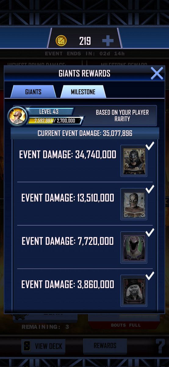 bdag160's tweet photo. @WWESuperCard Hi. Im reach WM41 player tier but milestone reward still same. Please fix this i want event card... https://t.co/4KVJNRDjvc