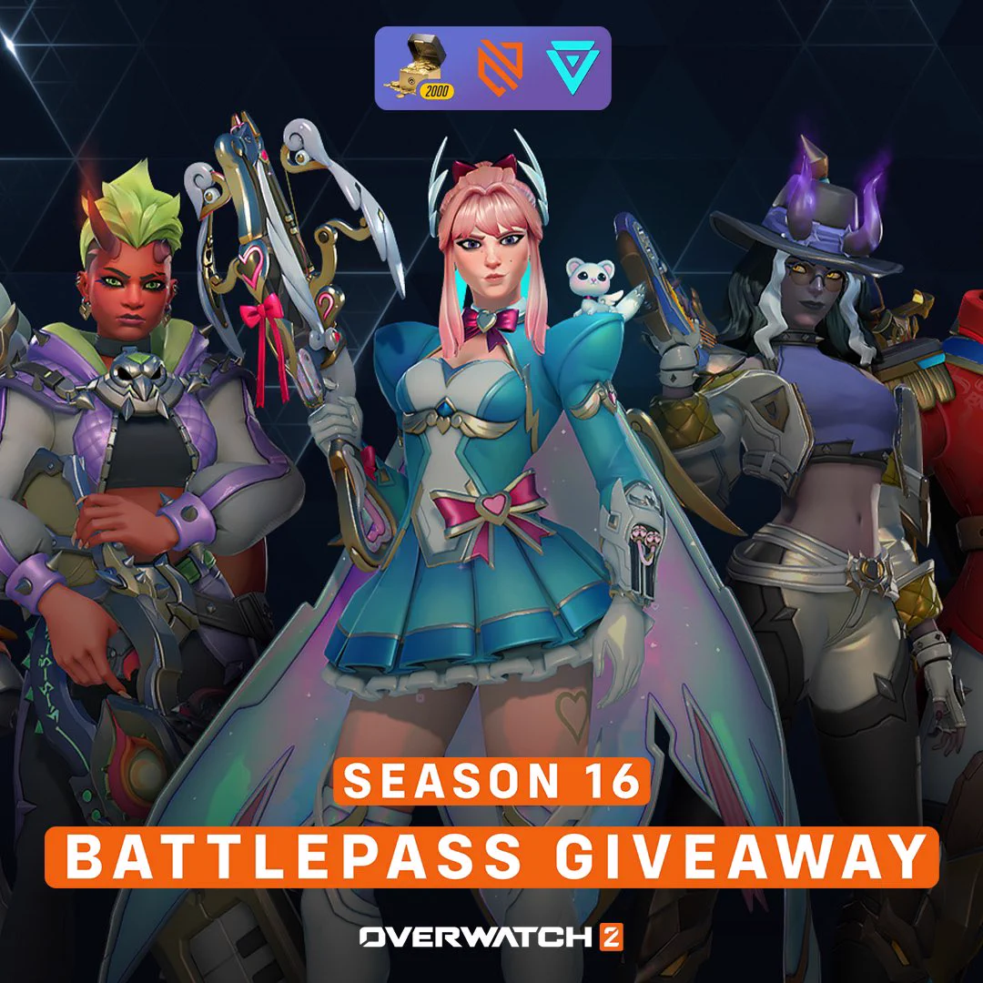 There are 3 Overwatch characters on the screen with text stating - Season 16 Battlepass Giveaway for Overwatch 2.