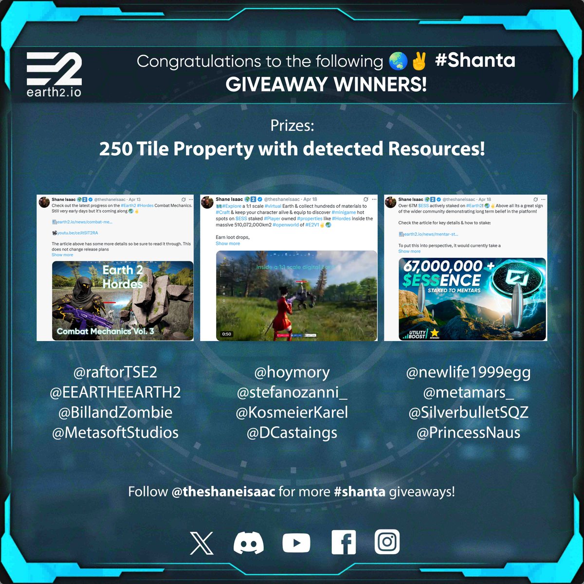 Congratulations to the latest #Earth2 land #giveaway winners!  

Also drop the names of #territories you'd like open on the discount spinner below for #25K $ESS stakers.    

I have given away thousands of dollars worth of #Earth2 land which can, amongst other things, be used to
