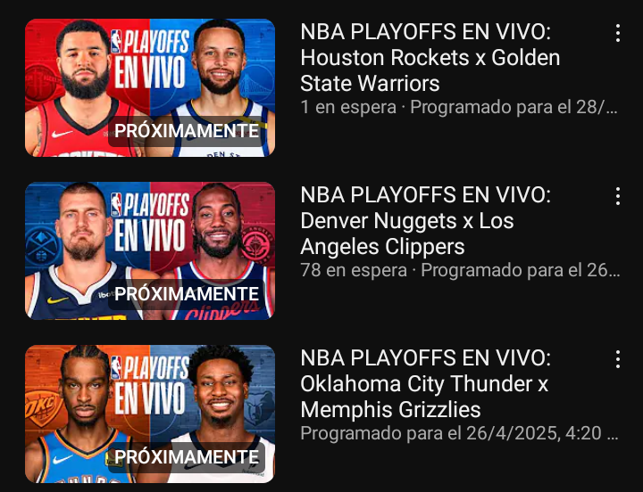 🚨 NBA GRATIS POR YOUTUBE

🏀 El canal de YouTube de "NBA en Español" está transmitiendo algunos partidos de playoffs en Argentina, Bolivia, Chile, Ecuador, México, Perú, Paraguay y Uruguay.

Los próximos encuentros que se verán por esta vía serán:

📌 Thunder vs. Grizzlies (hoy)