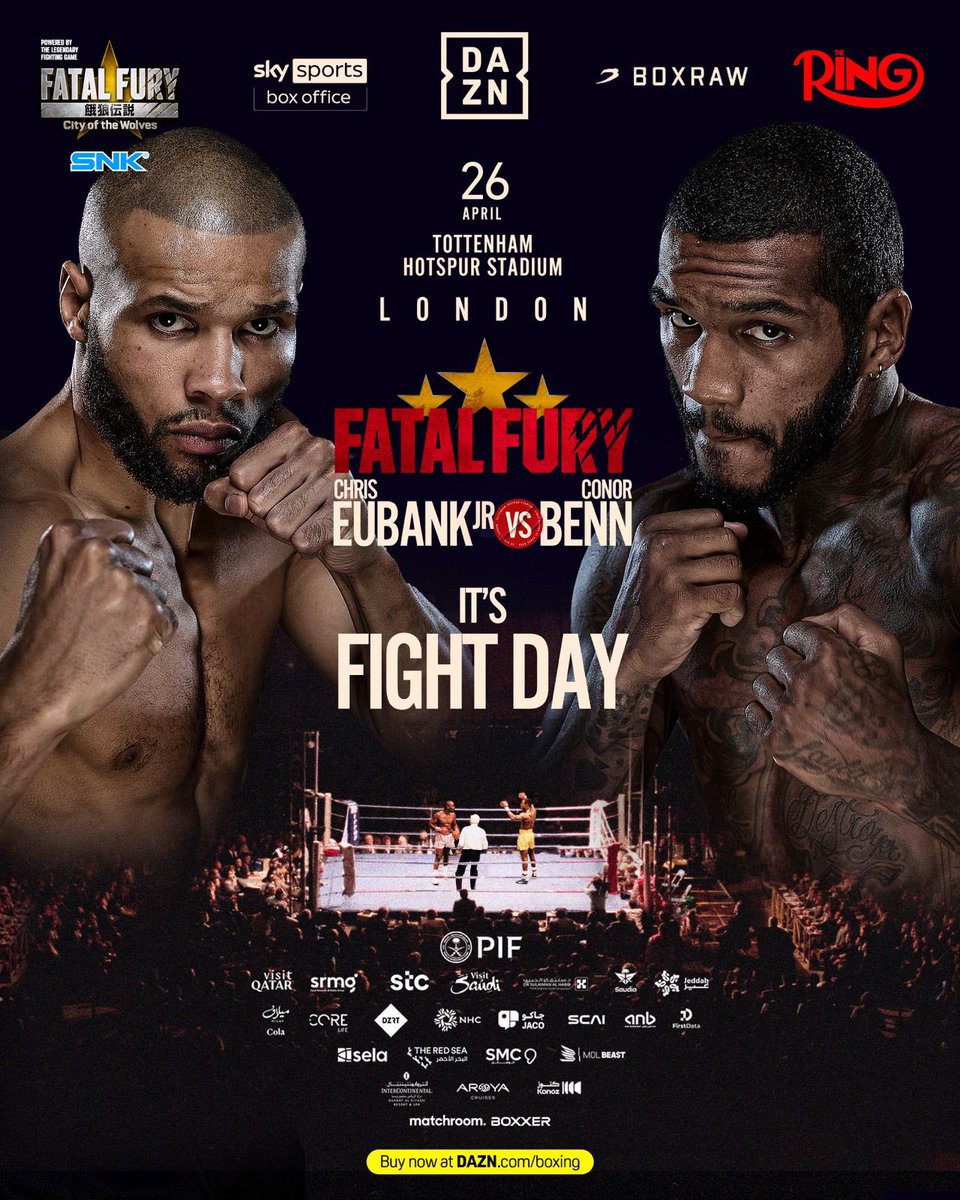 Matchroom Boxing (@matchroomboxing) on Twitter photo Today is the day. Conor Benn. Chris Eubank Jnr. Nearly 32 years on from the last meeting between their fathers. More than a fight. Pride. Legacy. Bloodline. A British blockbuster. In front of a sold out <a href="/SpursStadium/">Tottenham Hotspur Stadium</a>. It doesn’t get much bigger.
Tune in live around the world on Today is the day. Conor Benn. Chris Eubank Jnr. Nearly 32 years on from the last meeting between their fathers. More than a fight. Pride. Legacy. Bloodline. A British blockbuster. In front of a sold out <a href="/SpursStadium/">Tottenham Hotspur Stadium</a>. It doesn’t get much bigger.
Tune in live around the world on