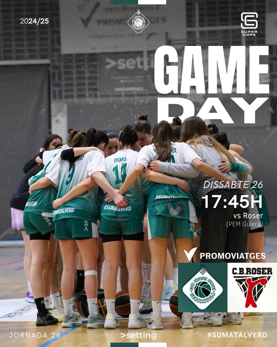 𝐋𝐀𝐒𝐓 𝐃𝐀𝐍𝐂𝐄 🏀💚
Aquest dissabte a les 17:45h ens ho juguem TOT al Guiera!

Ens enfrontem al CB Roser en l’última jornada de lliga amb la permanència en joc.

Veniu amb samarreta verda i feu del pavelló un FORTÍ! 💥🙌
#SumatAlVerd #ForçaSarda #SuperCopa #LastDance