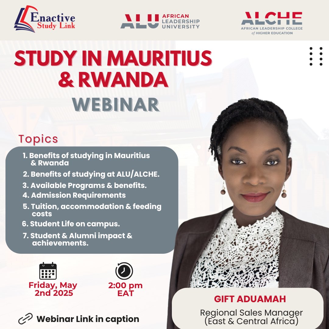 Exploring university options in Mauritius &amp; Rwanda? Here's good news for you: don't miss our exclusive webinar in collaboration with African Leadership University, and connect with Gift Aduamah - the Regional Sales Manager (East &amp; Central Africa).

Link:
meet.google.com/ahi-fnsr-uuh
