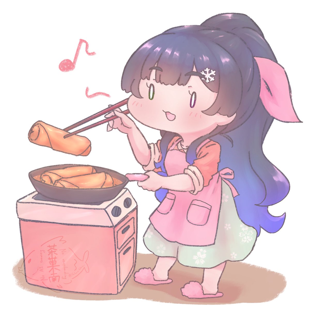 「上手に揚げれるかな～4月もお疲れさまでしたGW配信が沢山で楽しみだ#ねぇま〜しろ」|茶菓南サカナ（SakanaSakana）のイラスト