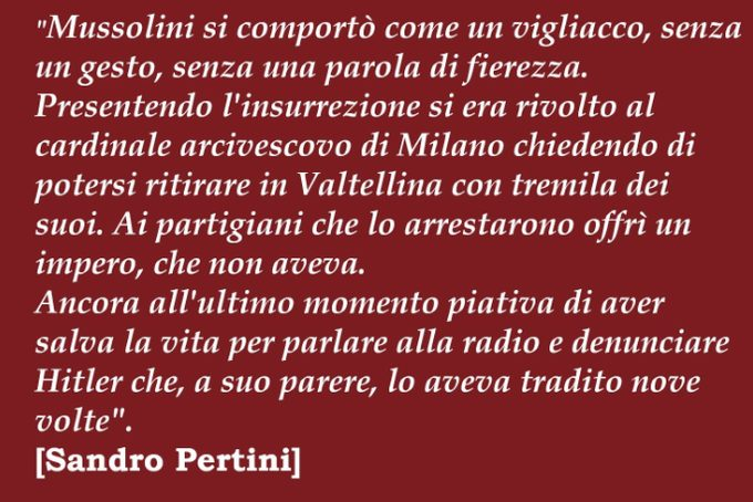 un corrotto che ha trascinato l'Italia in una guerra, l'ha impoverita, ridotta in macerie, insieme a hitler è stato il responsabile di milioni di morti innocenti e da vigliacco qual era se non fosse stato fermato sarebbe scappato.
#26aprile