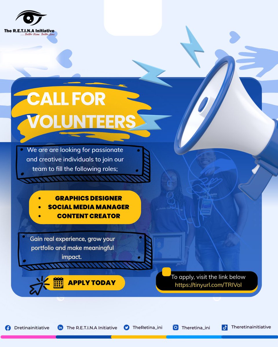 TheRetina_Ini's tweet photo. 📢 We’re recruiting!
.
Hit the link below to apply to be a volunteer at The R.E.T.I.N.A. Initiative.
Hurry!💙
.
https://t.co/NfTvaQQ4hI
.
Deadline: Wednesday, 30th of April, 2025.
.
#volunteer #volunteerrole #socialimpact #theretinainitiative https://t.co/djJRSxUgl8