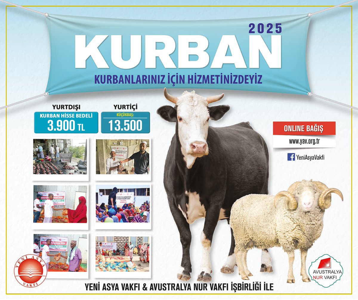 📣 Kurbanlarınız için hizmetinizdeyiz...

🐏 Yurtiçi ve Yurtdışı online Kurban bağışı hizmetlerimizle #Kurban2025

Yurtdışı hisse bedeli: 3.900 TL
Yurtiçi küçükbaş: 13.500 TL

➡️ Online bağış: yav.org.tr/bagis