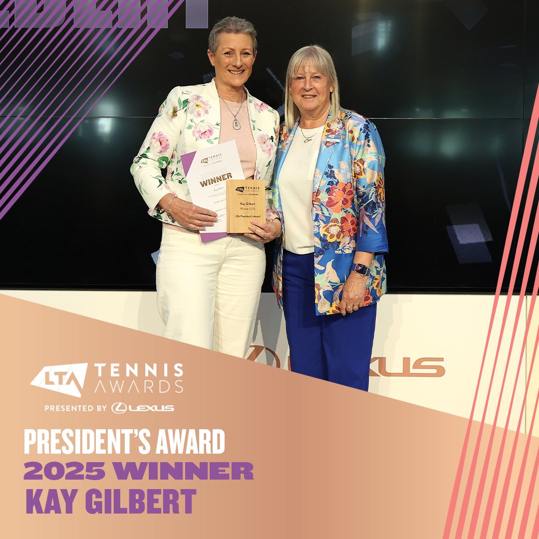 Congratulations to Kay Gilbert the 2025 LTA Tennis Award Winner of the President's Award from Wiltshire.

An amazing achievement and thank you for all your hard work and dedication to the tennis community.