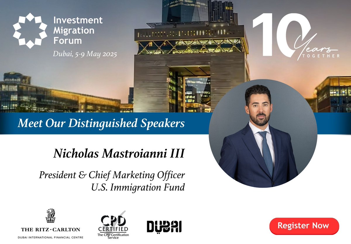 IMCouncil's tweet photo. Join us at the 2025 Investment Migration Forum in Dubai and gain exclusive insights from Nicholas Mastroianni III, President &amp; Chief Marketing Officer at the U.S. Immigration Fund👉 Secure Yr Spot 2day: https://t.co/xBM6zG8UXg #InvestmentMigration #IMForum2025 #MeettheLeaders https://t.co/1GtqfyJaYg