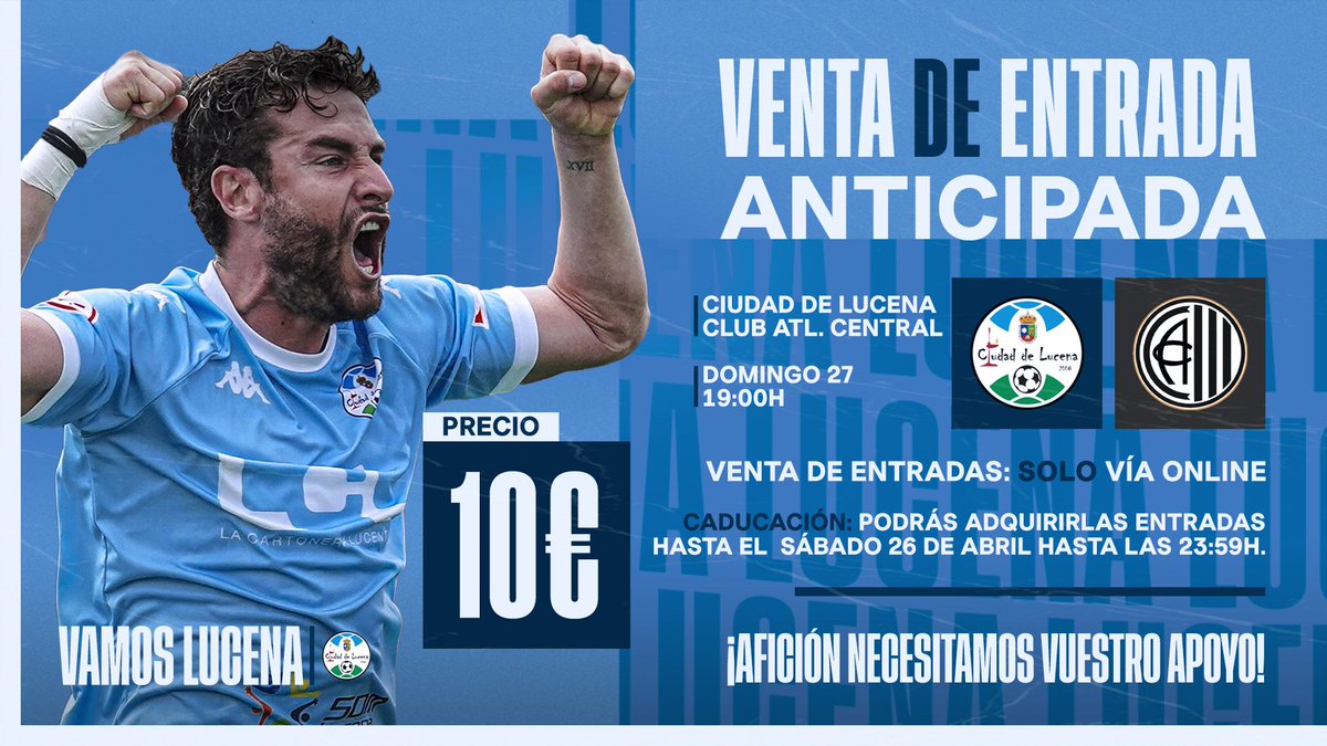 🔊 𝘼𝙁𝙄𝘾𝙄𝙊́𝙉 | ¡Aprovéchate de las ultimas horas de nuestra 𝗽𝗿𝗼𝗺𝗼𝗰𝗶𝗼́𝗻 𝗱𝗲 𝗲𝗻𝘁𝗿𝗮𝗱𝗮𝘀 𝗼𝗻𝗹𝗶𝗻𝗲 𝗮 𝟭𝟬€, solo hasta hoy sábado a las 23:59!

🎫 cdlucena.compralaentrada.com/eventos/