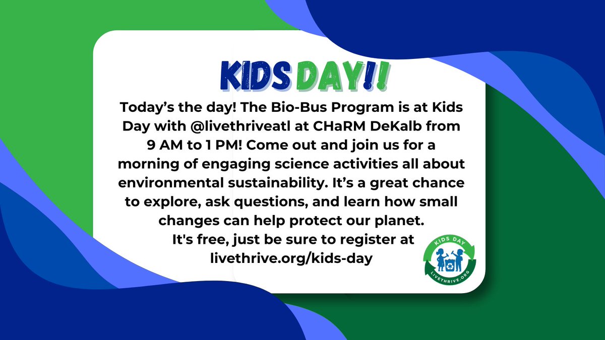 TODAY The Bio-Bus is at 1225 Columbia Dr, Decatur with @livethriveatl from 9 AM–1 PM!
Stop by for exciting science activities and learn simple ways to help the environment.
It’s FREE. Be sure to register at t.gsu.edu/4349i3N
#BioBus #KidsDayATL #LiveThriveATL #STEMFun #GSU