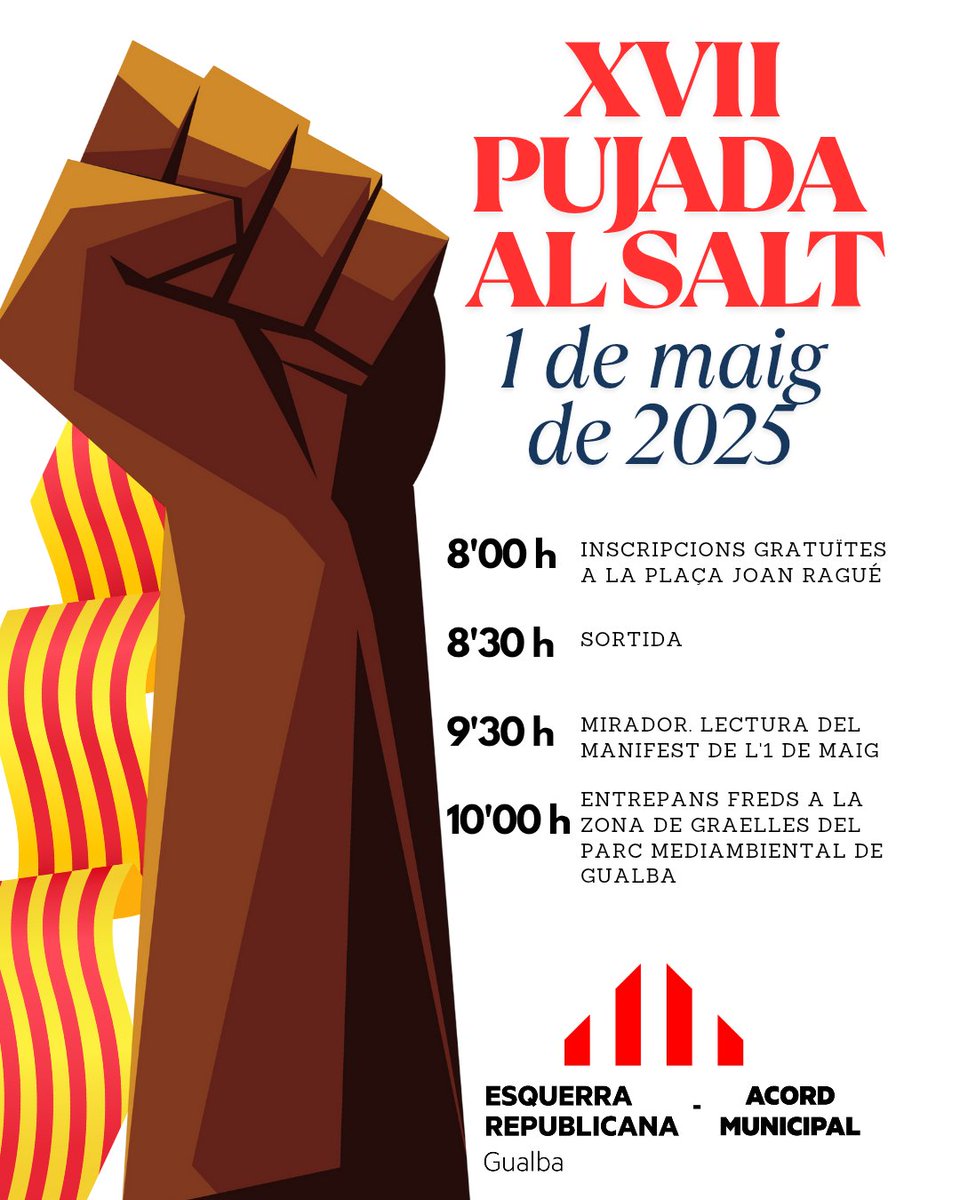 Recordeu, l'1 de maig a #gualba tenim una cita. La XVII Pujada al Salt. Vine a acompanyar-nos.
#AcordMunicipal #ERCGualba <a href="/ERCVallesOr/">ERC Vallès Oriental</a> #1demaig