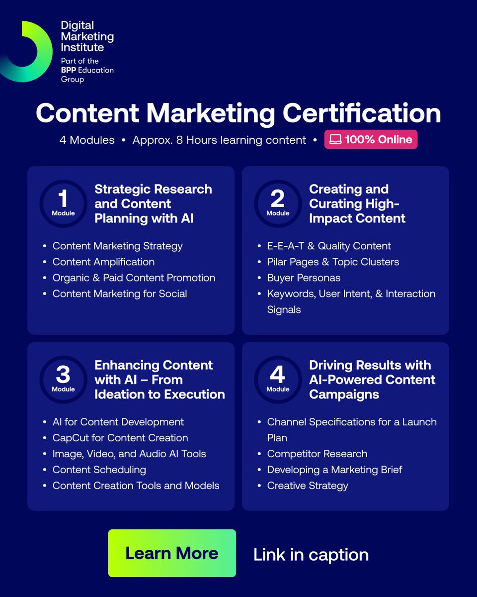 Gain practical, AI-driven content marketing skills designed for immediate application in your role.

This globally recognized certification covers the complete content lifecycle. 

From strategic planning and research to creation, distribution, and campaign optimisation.

Join a