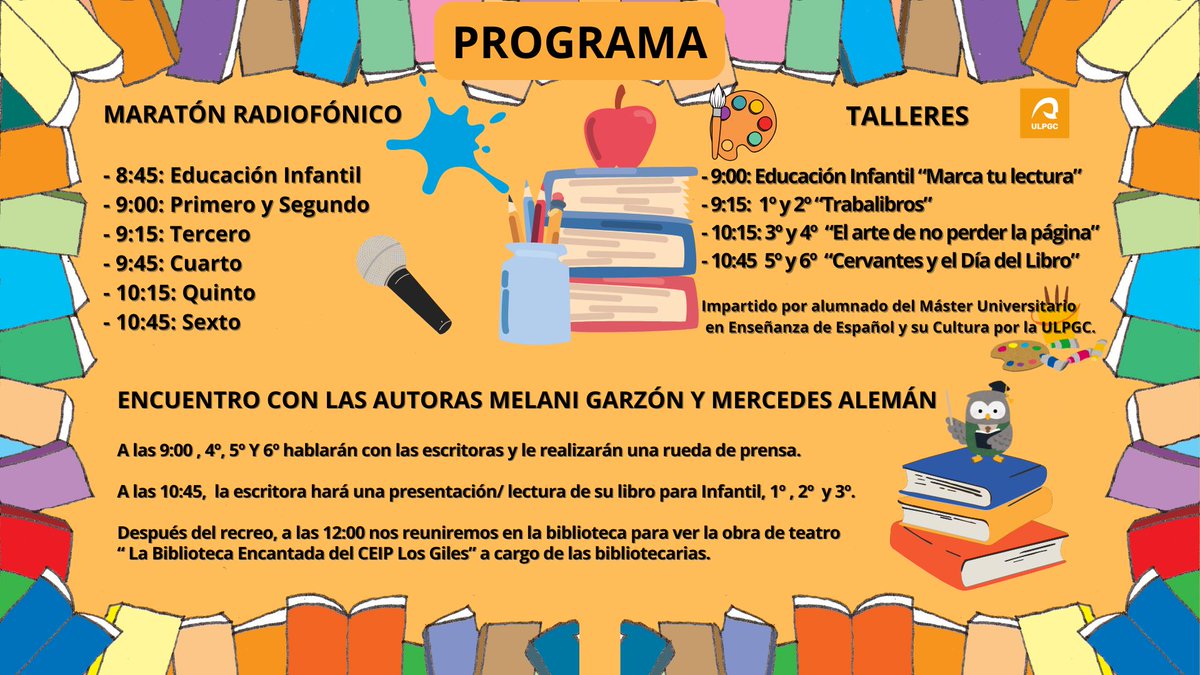 Comparto con ustedes la Semana del Libro #diainternacionaldellibro en nuestro cole, el CEIP Los Giles, que se llenó de historias, emoción y creatividad #maratondelectura #Teatro #cuentacuentos #radio #ruedadeprensa #biblioteca #Talleres  ¡No se lo pierdan! www3.gobiernodecanarias.org/medusa/edublog…