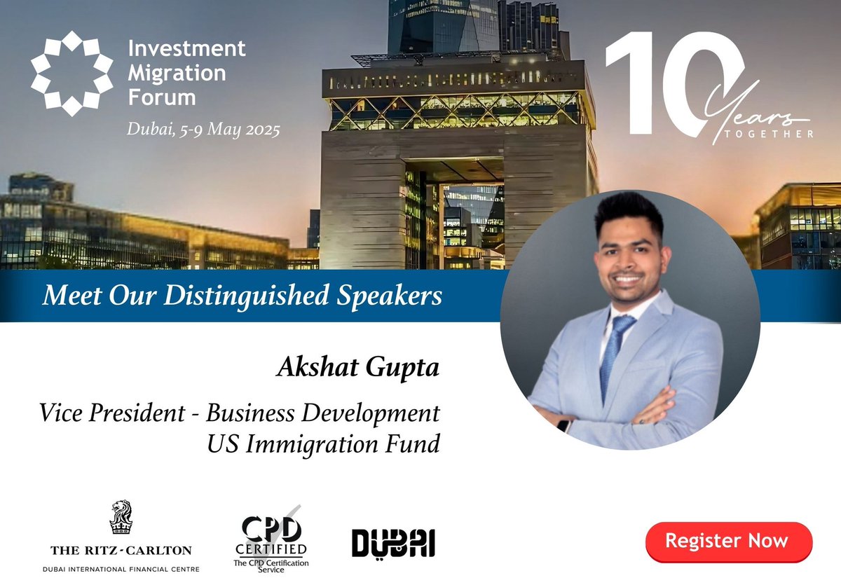 IMCouncil's tweet photo. Join us at the 2025 Investment Migration Forum in Dubai and gain exclusive insights from Akshat Gupta - Vice President of Business Development at the US Immigration Fund. 👉 Secure Yr Spot 2day: https://t.co/fvfBT7RdQa
👉For more info:  https://t.co/3kglwxCBz0 #IMForum2025 https://t.co/YieBzHur6r