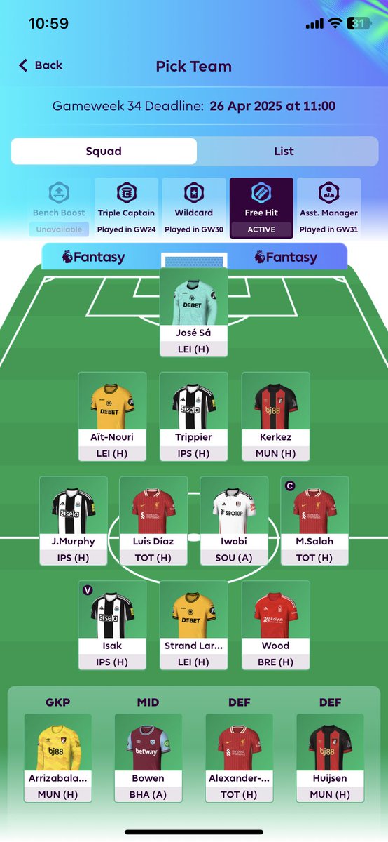 tinker_fpl's tweet image. GW 34🔒

FREE HIT ACTIVE 🚨 

Rank: 24K

Key decisions were:
Trent v Kerkez 
Cunha v Larsen
Wood v Evanilson

Hopefully no regrets….

Good luck all! 🍀 

#FPL #FPLCommunity
