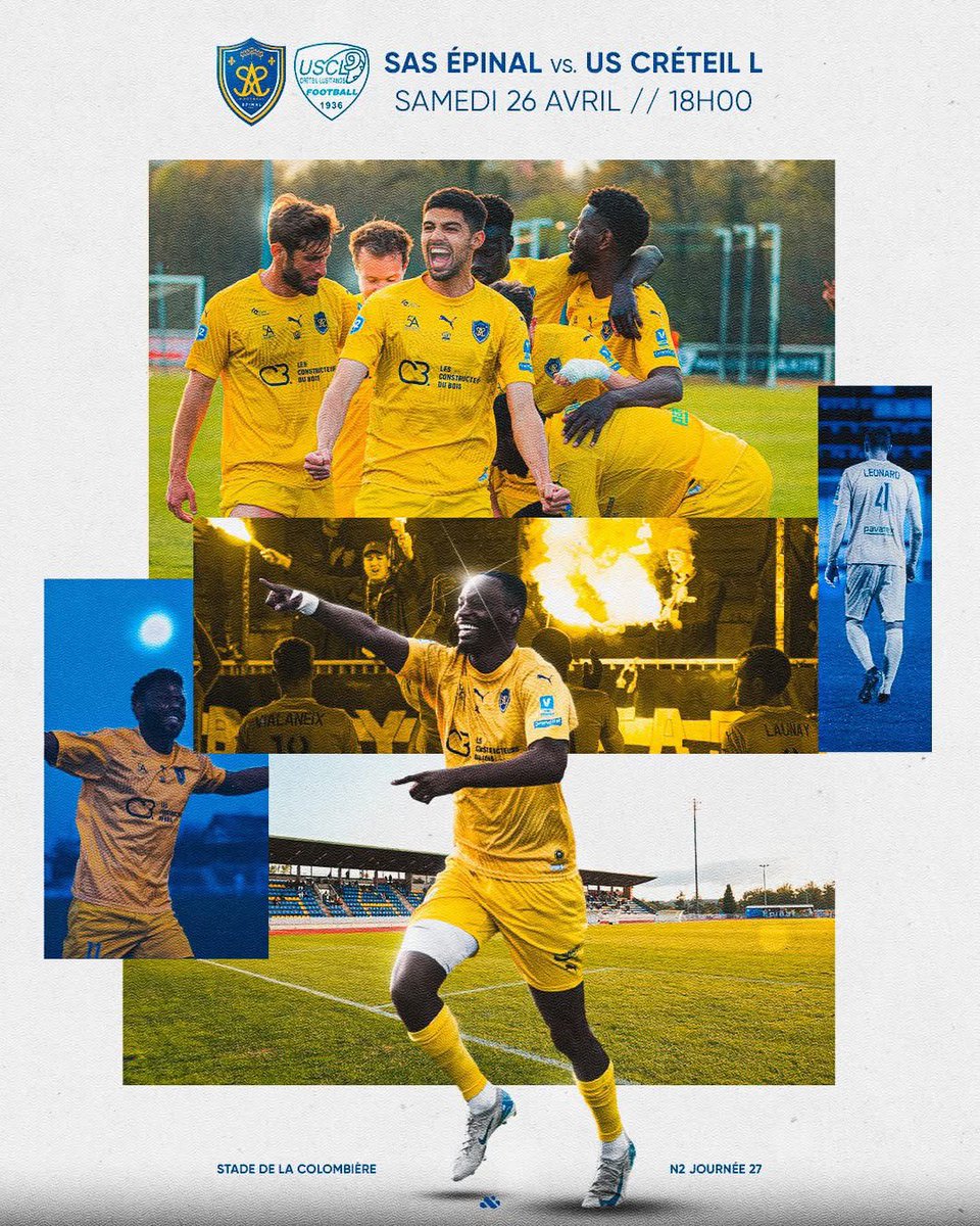 ✴️ GAMEDAY
👉 ℕ𝕒𝕥𝕚𝕠𝕟𝕒𝕝 𝟚
🎯 J2⃣7️⃣
🆚 𝙐𝙎 𝘾𝙧𝙚́𝙩𝙚𝙞𝙡 𝙇𝙪𝙨𝙞𝙩𝙖𝙣𝙤𝙨
🏟️ 𝐒𝐭𝐚𝐝𝐞 𝐝𝐞 𝐥𝐚 𝐂𝐨𝐥𝐨𝐦𝐛𝐢𝐞𝐫𝐞 — 𝐄𝐩𝐢𝐧𝐚𝐥
⏰ 𝟭𝟴𝗛𝟬𝟬
💶 8 € / 5 €

#SASUSCL #National2 #AllezLesJaunes #sas #epinal #grandirensemble