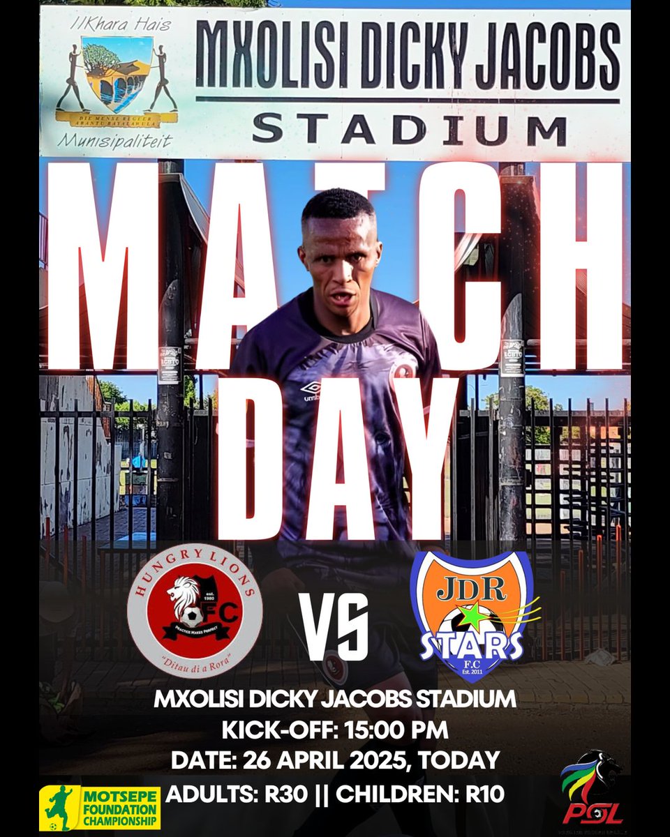 hungry_lions_FC's tweet photo. 𝕄𝔸𝕋ℂℍ 🦁 𝔻𝔸𝕐

🆚 JDR Stars FC
⏰ 15H00 pm
🏟️ Mxolisi Dicky Jacobs Stadium, Upington 
🏆 motsepefoundationchampionship
🎟 Adults - R30.00
     Scholars - R10.00

🚨TICKETS SOLD NEXT TO GORDON'S PARK🚨

#motsepefoundationchampionshiphunt 

#HungryLionsFC
#ditau_diarora🦁 https://t.co/iBZVGksYun