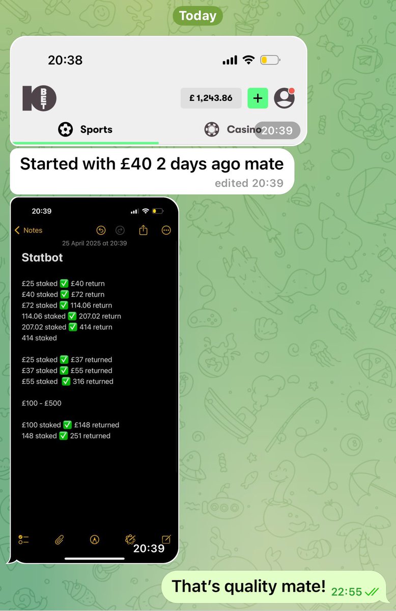 StatBot member takes £40 into over £1200 in 2 days! 

Unreal scenes, it’s true what we say! StatBot is here to take over and keep that edge over the bookies! 

Get involved below 👇🏻👇🏻

t.me/+1MUeq6OTtIk1M…