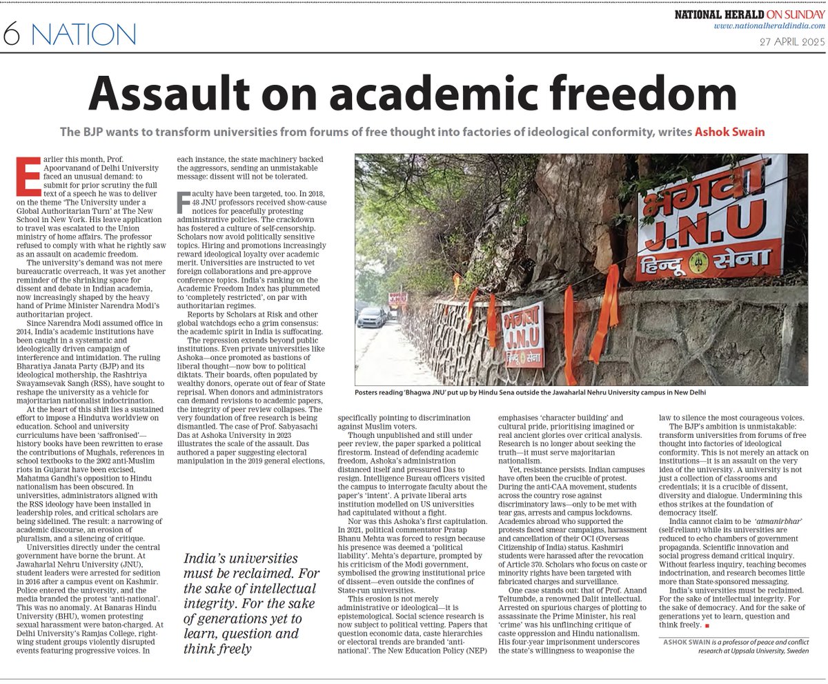 A university is not just a collection of classrooms and credentials; it is a crucible of dissent, diversity, and dialogue. Undermining of this ethos by the BJP government in India, strikes at the foundation of democracy itself. #MyPiece National Herald, 27 April 2025.