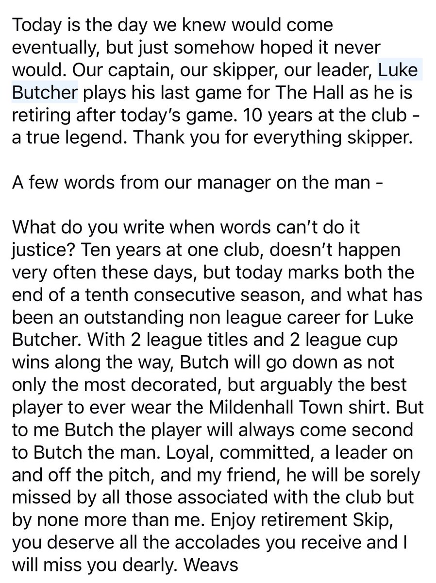 MildenhallTown's tweet image. @LukeButcher8 thank you for everything skipper 

#upthehall #ourskipper #leader #clublegend