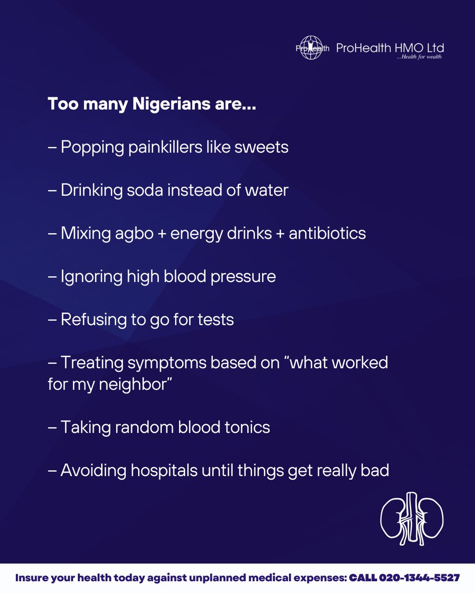 ProHealthHMO's tweet image. Your kidneys work quietly — until they can’t.

Too many painkillers, herbal mixtures, and skipped checkups can lead to serious damage.

Small changes now can save you from big problems later.
#KidneyHealthNigeria #ProHealthHMO #SmartHealthChoices #ProtectYourKidneys