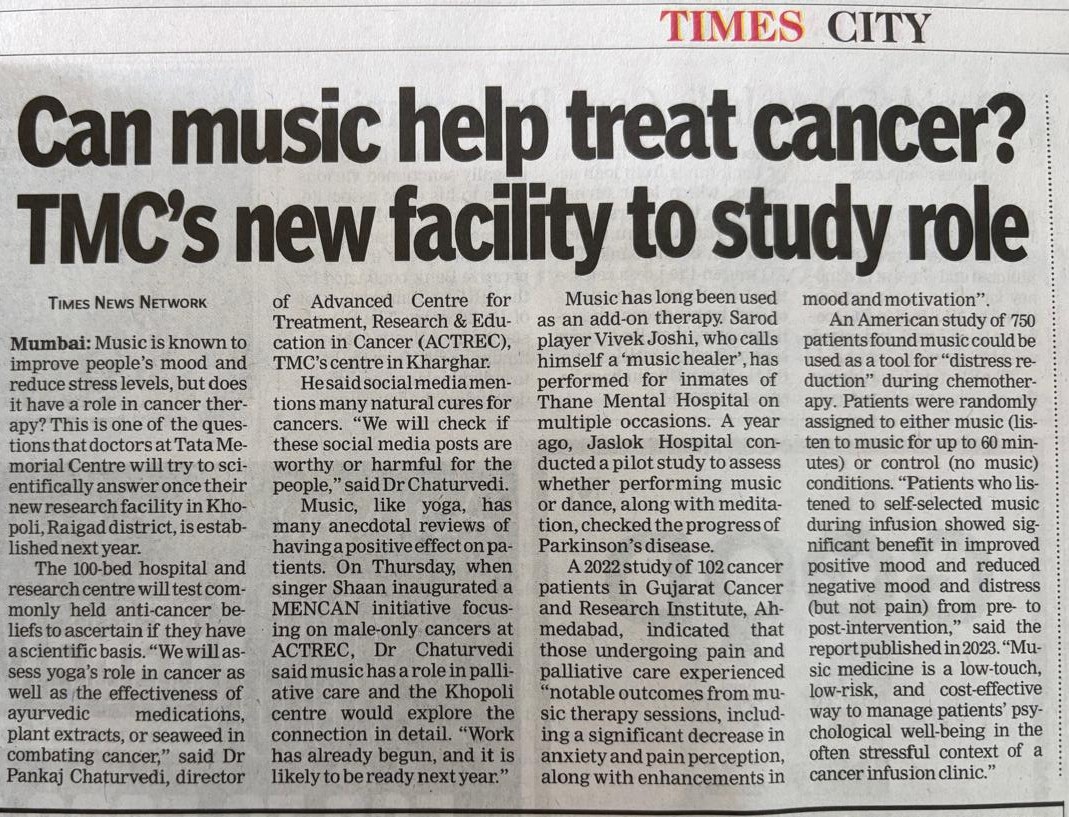 ACTREC-TMC (@actrec_tmc) on Twitter photo Can music help heal?
At the launch of <a href="/tatamencan/">MenCan</a> by <a href="/singer_shaan/">Shaan</a>, <a href="/ACTREC_TMC/">ACTREC-TMC</a> Director <a href="/pankajch37/">Dr. Pankaj Chaturvedi</a> announced a new TMC facility at Khopoli to scientifically study the impact of music and other integrative therapies on cancer care.
Read the clip via <a href="/timesofindia/">The Times Of India</a>. Can music help heal?
At the launch of <a href="/tatamencan/">MenCan</a> by <a href="/singer_shaan/">Shaan</a>, <a href="/ACTREC_TMC/">ACTREC-TMC</a> Director <a href="/pankajch37/">Dr. Pankaj Chaturvedi</a> announced a new TMC facility at Khopoli to scientifically study the impact of music and other integrative therapies on cancer care.
Read the clip via <a href="/timesofindia/">The Times Of India</a>.